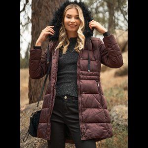 SOLD- Wine Glossy Long Fitted Vegan Fur Hood Detail Winter Puffer Jacket